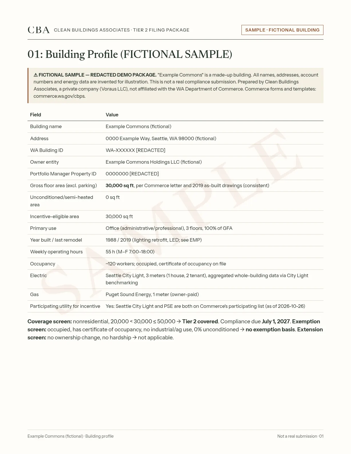 Sample page 01, Building profile, for a fictional building (not a real submission)