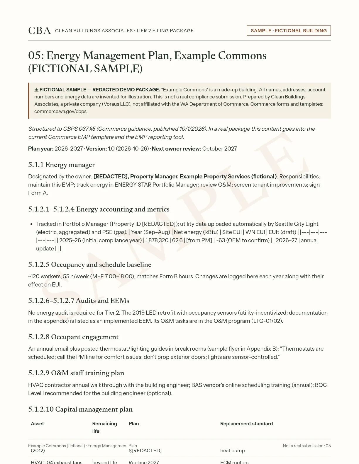 Sample page 05, Energy Management Plan, for a fictional building (not a real submission)