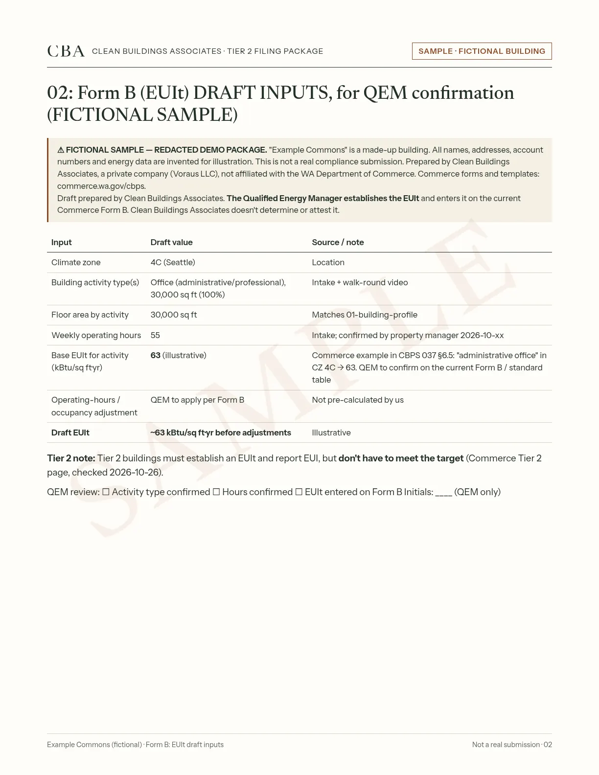 Sample page 02, Form B: EUIt draft inputs, for a fictional building (not a real submission)