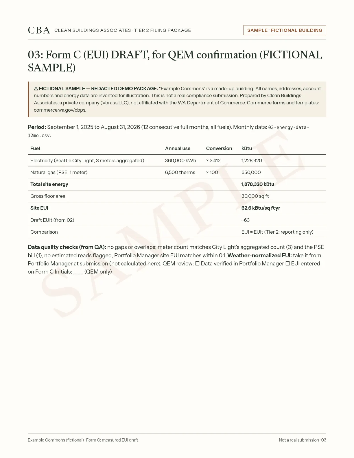 Sample page 03, Form C: measured EUI draft, for a fictional building (not a real submission)