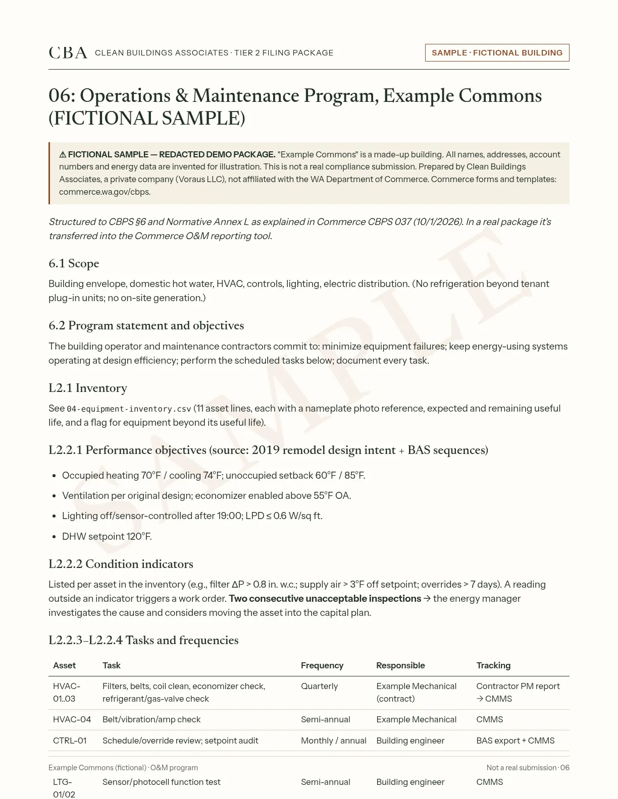 Sample page 06, O&M program, for a fictional building (not a real submission)